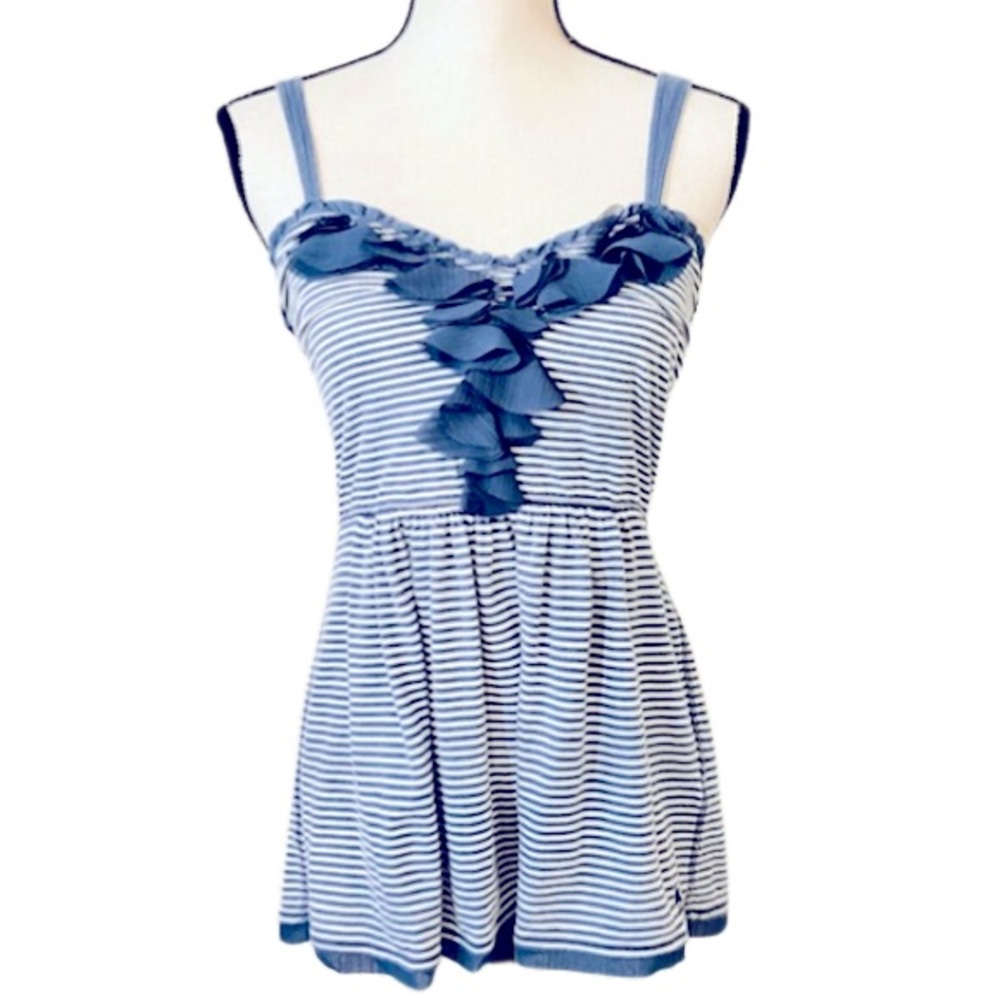 Abercrombie & Fitch Blue/White Tank with Ruffle Accent Size Large